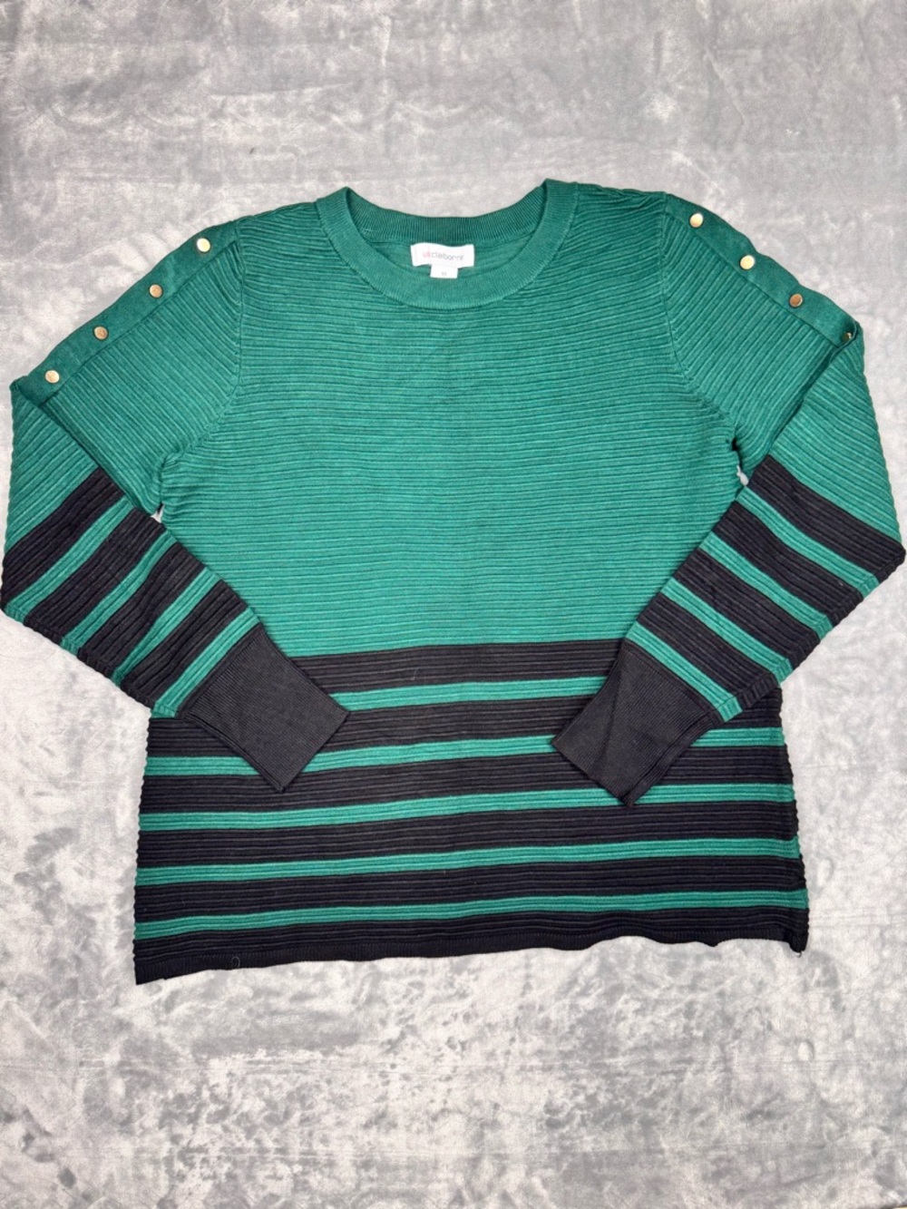 Liz‎ Claiborne Ribbed Sweater In Green and Black with Gold buttons on sleeve